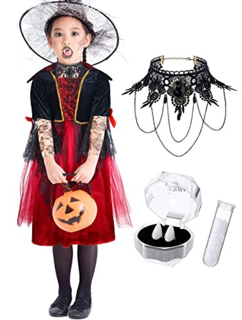 Hillban Girl's Vampire Costume Royal Halloween Elegant Retro Dress Gothic Punk Style Necklace Vampire Fangs Teeth with Pellets