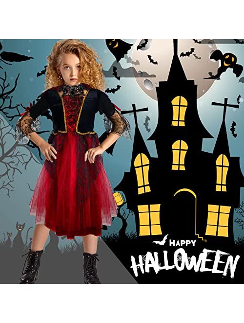 Hillban Girl's Vampire Costume Royal Halloween Elegant Retro Dress Gothic Punk Style Necklace Vampire Fangs Teeth with Pellets