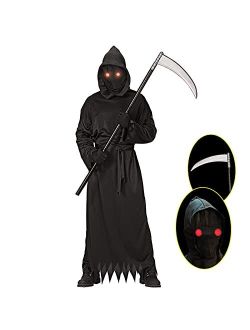 Lomesion Grim Reaper Halloween Costume with Glowing Red Eyes for Kids, Scythe Included