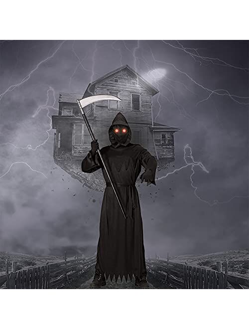 Lomesion Grim Reaper Halloween Costume with Glowing Red Eyes for Kids, Scythe Included