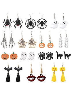 Dcfywl731 24 Pairs Halloween Stud Earrings Sets Bat Cat Witch Stud Earrings Set Spider Web Pumpkin Skull Drop earrings Halloween Jewelry for Women