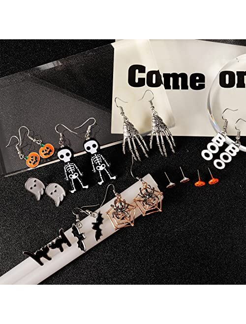 Dcfywl731 24 Pairs Halloween Stud Earrings Sets Bat Cat Witch Stud Earrings Set Spider Web Pumpkin Skull Drop earrings Halloween Jewelry for Women