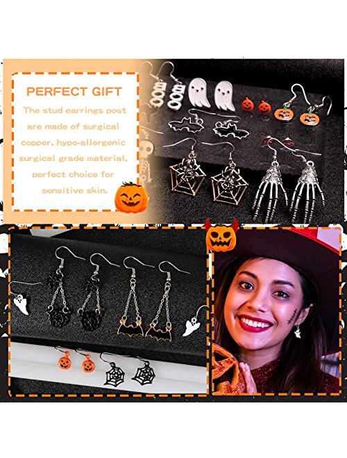 Dcfywl731 24 Pairs Halloween Stud Earrings Sets Bat Cat Witch Stud Earrings Set Spider Web Pumpkin Skull Drop earrings Halloween Jewelry for Women