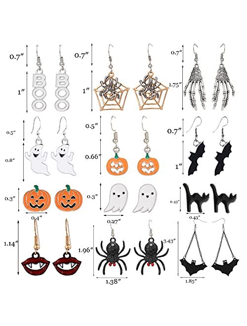 Dcfywl731 24 Pairs Halloween Stud Earrings Sets Bat Cat Witch Stud Earrings Set Spider Web Pumpkin Skull Drop earrings Halloween Jewelry for Women