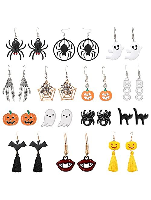 Dcfywl731 24 Pairs Halloween Stud Earrings Sets Bat Cat Witch Stud Earrings Set Spider Web Pumpkin Skull Drop earrings Halloween Jewelry for Women