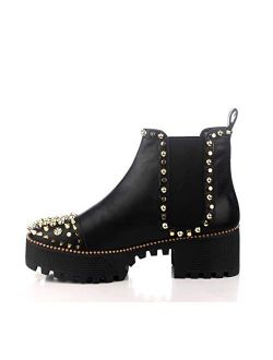 Spiky Combat Ankle Boots for Women, Platform Boots with Chunky Block Heels, Studded Chelsea Boots for Women