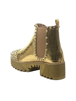 Spiky Combat Ankle Boots for Women, Platform Boots with Chunky Block Heels, Studded Chelsea Boots for Women