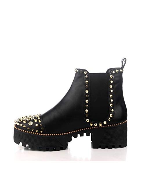 Cape Robbin Spiky Combat Ankle Boots for Women, Platform Boots with Chunky Block Heels, Studded Chelsea Boots for Women