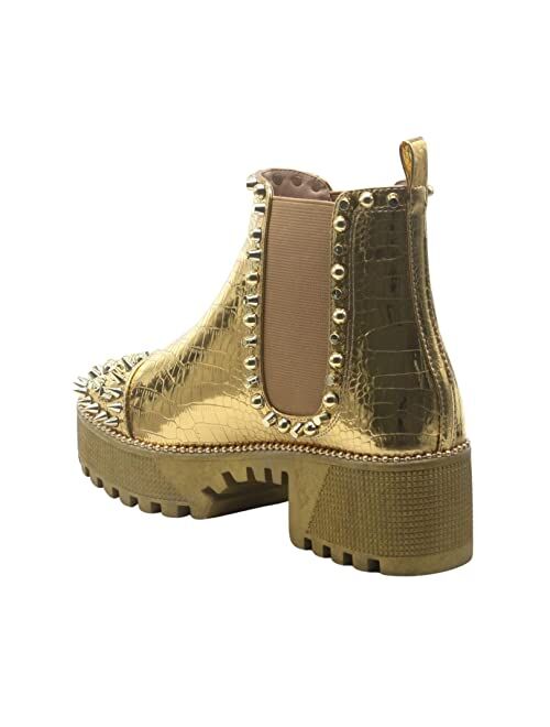 Cape Robbin Spiky Combat Ankle Boots for Women, Platform Boots with Chunky Block Heels, Studded Chelsea Boots for Women