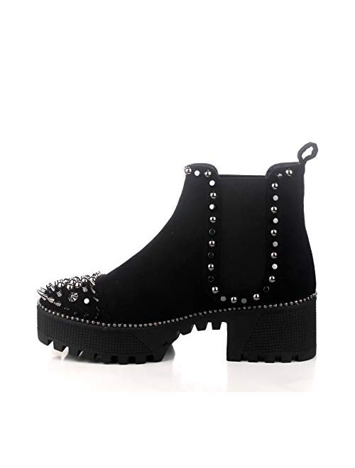 Cape Robbin Spiky Combat Ankle Boots for Women, Platform Boots with Chunky Block Heels, Studded Chelsea Boots for Women