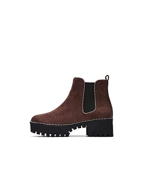 Cape Robbin Spiky Combat Ankle Boots for Women, Platform Boots with Chunky Block Heels, Studded Chelsea Boots for Women