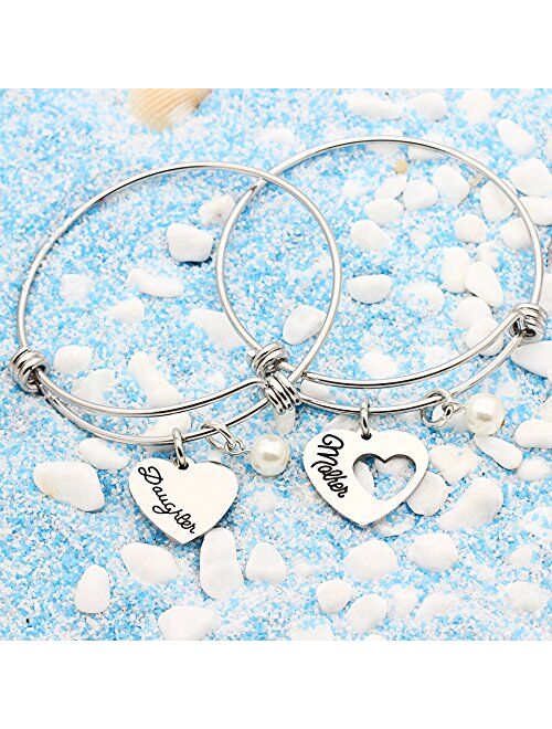 lauhonmin 2pcs Bangle Bracelets for Women Girl Mother Daughter Expandable Pearl Bracelets Set Mother's Day Christmas