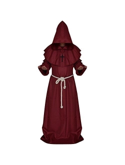 LETSQK Men's Friar Medieval Hooded Monk Priest Robe Tunic Halloween Cosplay Costume