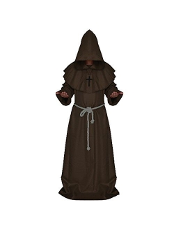 LETSQK Men's Friar Medieval Hooded Monk Priest Robe Tunic Halloween Cosplay Costume