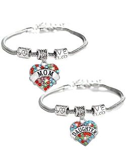 YEEQIN Set of 2 Crystal Heart Mom Daughter Charm Bracelet Jewelry Gift for Mother and Daughter