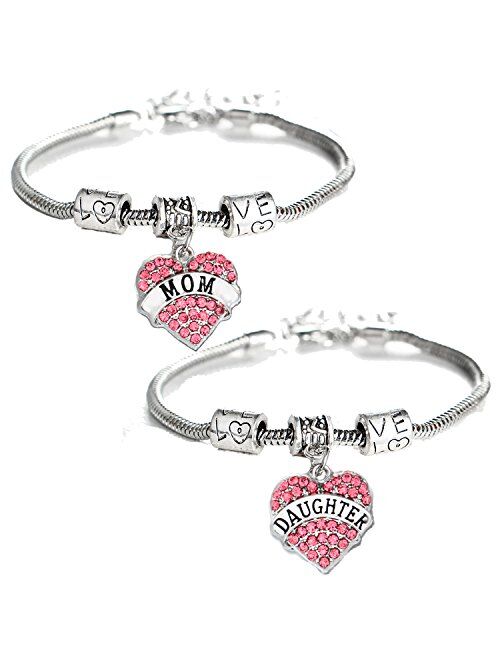 YEEQIN Set of 2 Crystal Heart Mom Daughter Charm Bracelet Jewelry Gift for Mother and Daughter