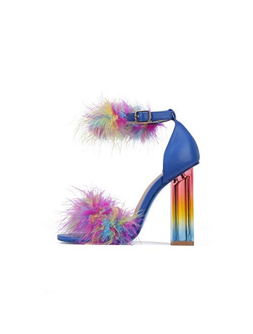 Cape Robbin Antisocial Sexy Chunky Block High Heels for Women, Transparent Strappy Open Toe Shoes Heels with Feathers