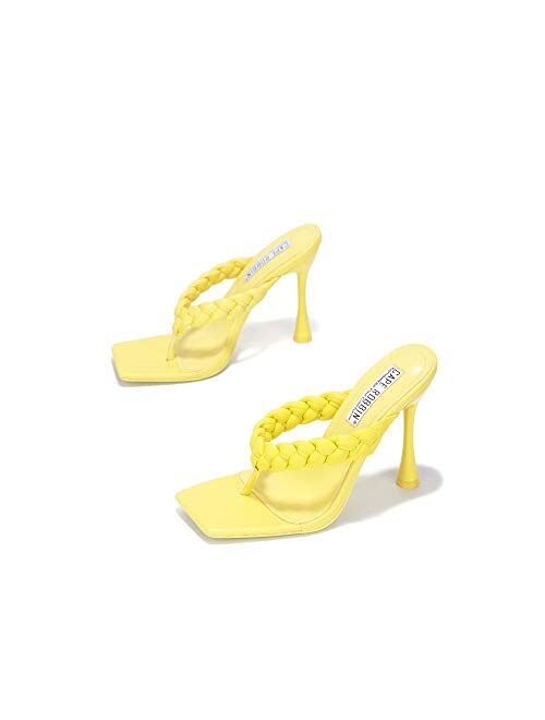 Cape Robbin Tibi Sexy High Heels for Women, Woven T-Strap Shoes Heels with Square Open Toe