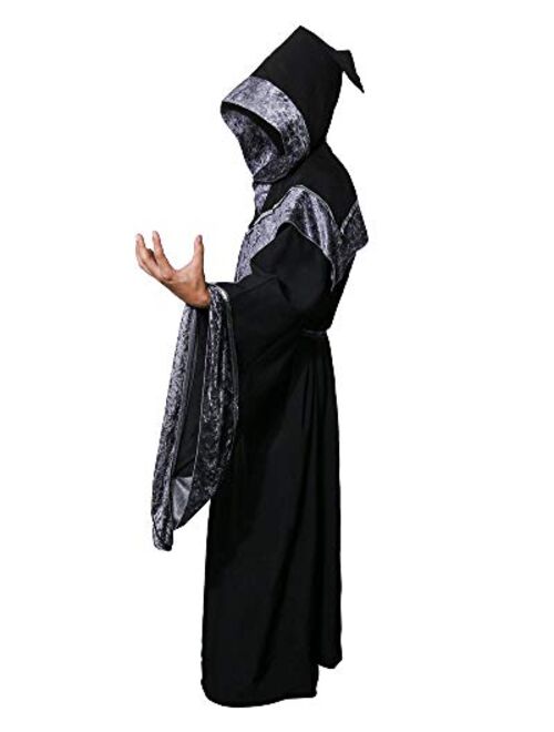 Amnpolen Mens Medieval Dark Mystic Sorcerer Robe Halloween Costume Hooded Cape Cosplay Cloak