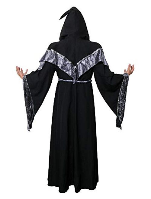 Amnpolen Mens Medieval Dark Mystic Sorcerer Robe Halloween Costume Hooded Cape Cosplay Cloak