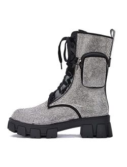 Monalisa Combat Boots for Women, Platform Boots with Chunky Block Heels and Rhinestones Womens High Tops Boots
