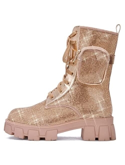 Monalisa Combat Boots for Women, Platform Boots with Chunky Block Heels and Rhinestones Womens High Tops Boots