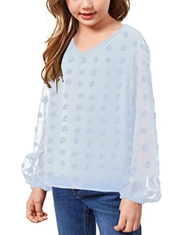 Simtuor Girls Chiffon Swiss Dot Blouses Long Lantern Sleeve Casual V Neck Solid Tee Shirts Loose Tops 4-13 Years