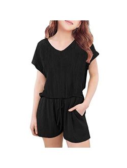 FSHAOES Girl 2 Piece Outfits V-neck Short Sleeve T-Shirt and Drawstring Shorts Summer Outfits Tracksuit Girls' Clothing Sets