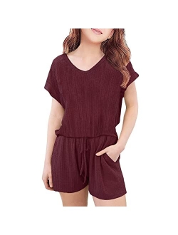 FSHAOES Girl 2 Piece Outfits V-neck Short Sleeve T-Shirt and Drawstring Shorts Summer Outfits Tracksuit Girls' Clothing Sets