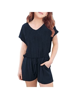 FSHAOES Girl 2 Piece Outfits V-neck Short Sleeve T-Shirt and Drawstring Shorts Summer Outfits Tracksuit Girls' Clothing Sets