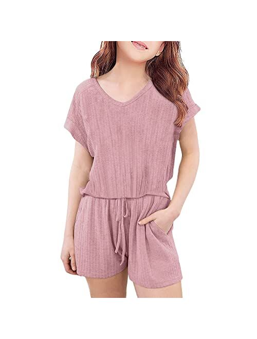 FSHAOES Girl 2 Piece Outfits V-neck Short Sleeve T-Shirt and Drawstring Shorts Summer Outfits Tracksuit Girls' Clothing Sets