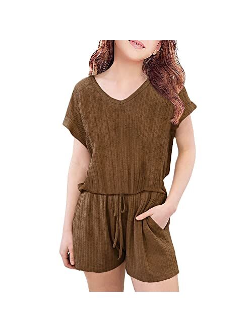 FSHAOES Girl 2 Piece Outfits V-neck Short Sleeve T-Shirt and Drawstring Shorts Summer Outfits Tracksuit Girls' Clothing Sets