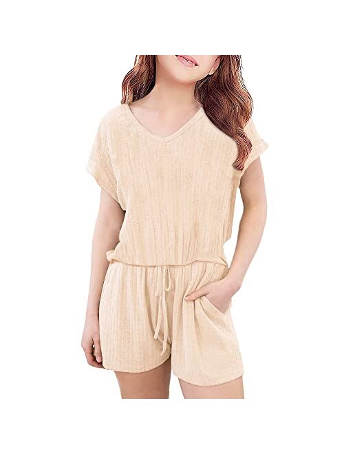 FSHAOES Girl 2 Piece Outfits V-neck Short Sleeve T-Shirt and Drawstring Shorts Summer Outfits Tracksuit Girls' Clothing Sets