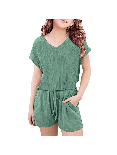 FSHAOES Girl 2 Piece Outfits V-neck Short Sleeve T-Shirt and Drawstring Shorts Summer Outfits Tracksuit Girls' Clothing Sets