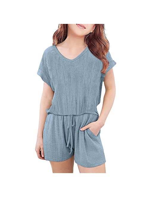 FSHAOES Girl 2 Piece Outfits V-neck Short Sleeve T-Shirt and Drawstring Shorts Summer Outfits Tracksuit Girls' Clothing Sets