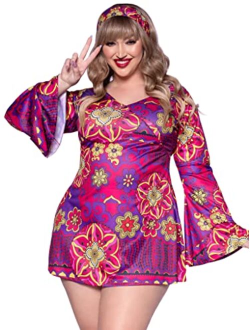 Leg Avenue Women's 2 Pc Hippy Girl Flower Bell Sleeve Dress with Headband