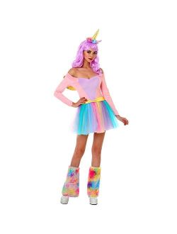 Unicorn Halloween Costume for Women | Includes Dress, Leg Warmers and Head Accessory | Rainbow Unicorn Small