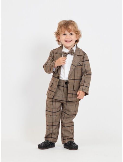 Shein Toddler Boys Plaid Print Blazer & Shirt & Pants With Tie