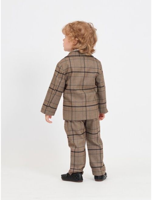 Shein Toddler Boys Plaid Print Blazer & Shirt & Pants With Tie