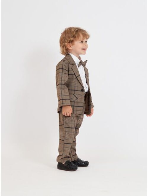 Shein Toddler Boys Plaid Print Blazer & Shirt & Pants With Tie