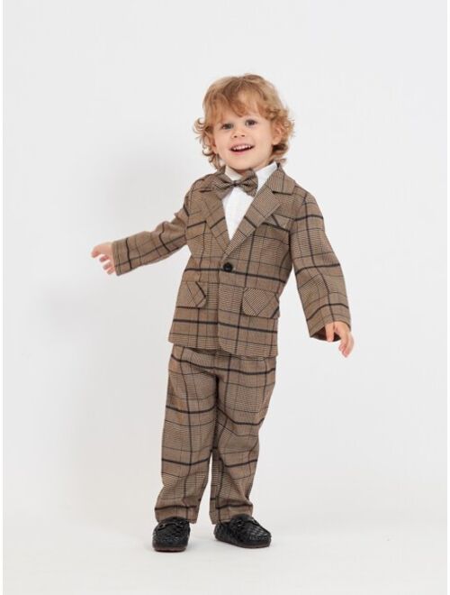 Shein Toddler Boys Plaid Print Blazer & Shirt & Pants With Tie