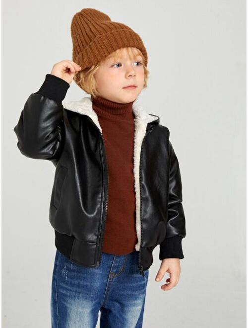 SHEIN Toddler Boys Zipper Hooded Teddy Lined PU Leather Jacket