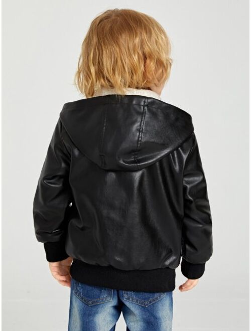 SHEIN Toddler Boys Zipper Hooded Teddy Lined PU Leather Jacket