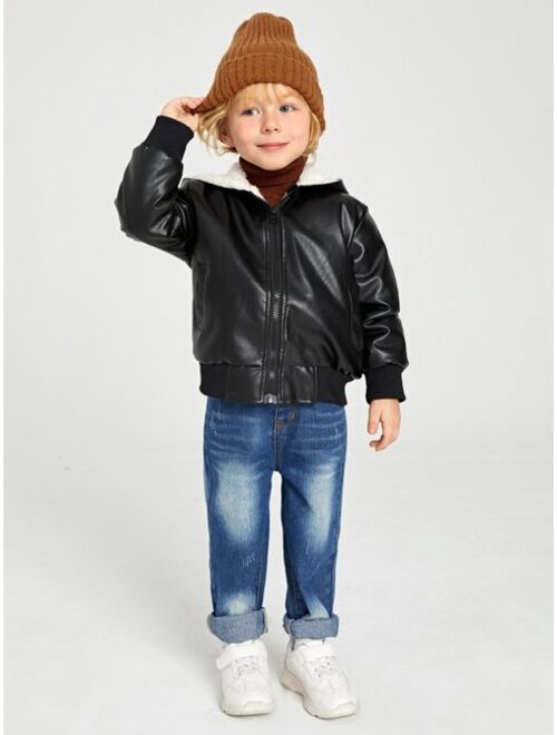 SHEIN Toddler Boys Zipper Hooded Teddy Lined PU Leather Jacket