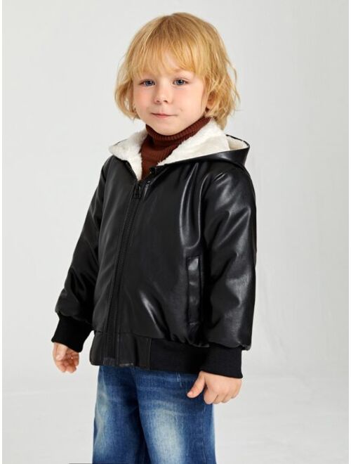 SHEIN Toddler Boys Zipper Hooded Teddy Lined PU Leather Jacket