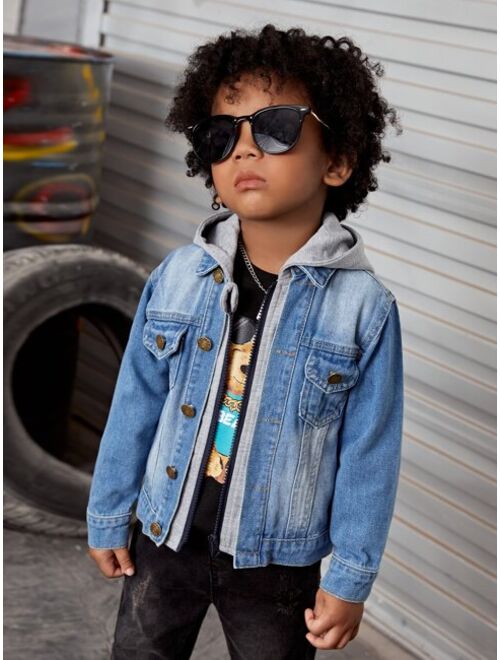 Shein Toddler Boys Flap Pocket Hooded 2 In 1 Denim Jacket