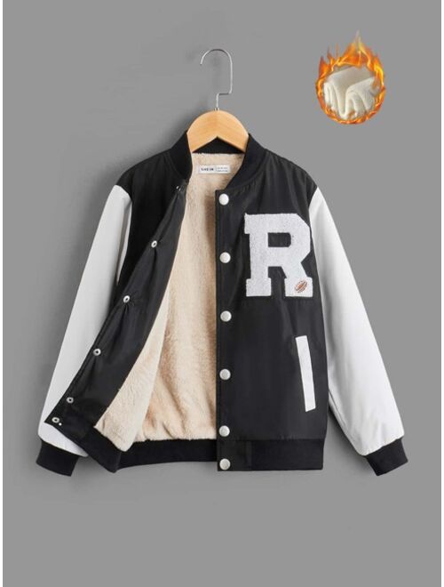 SHEIN Boys Letter Patched Colorblock Teddy Lined Varsity Jacket