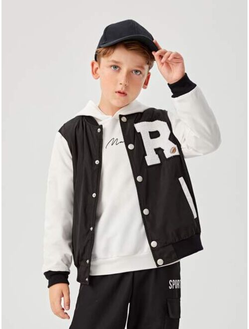 SHEIN Boys Letter Patched Colorblock Teddy Lined Varsity Jacket