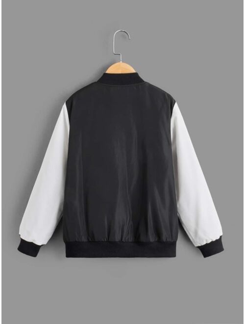 SHEIN Boys Letter Patched Colorblock Teddy Lined Varsity Jacket