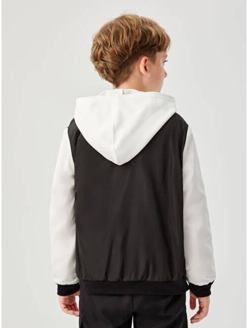 SHEIN Boys Letter Patched Colorblock Teddy Lined Varsity Jacket